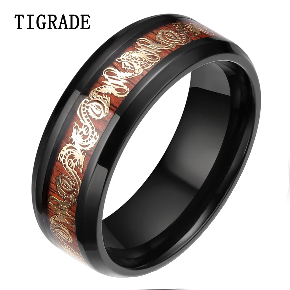 

TIGRADE 8MM Titianium Ring Men Black Edge Gold Dragon Wedding Band Fashion Finger Jewelry Engagement Rings For Women Comfort Fi