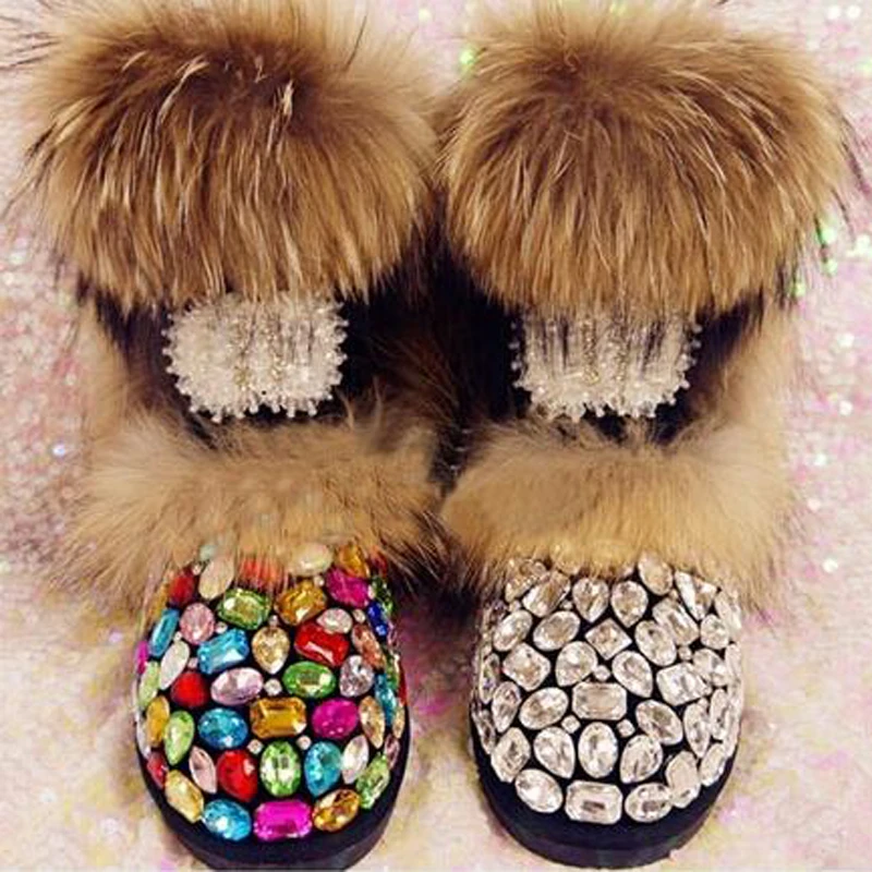 

Winter Woman Warm Real Fox Fur Multi Rhinestone Snow Boots Female Slip-on Mid Calf Boots Girls Plush Inside Bling Crystal Boots