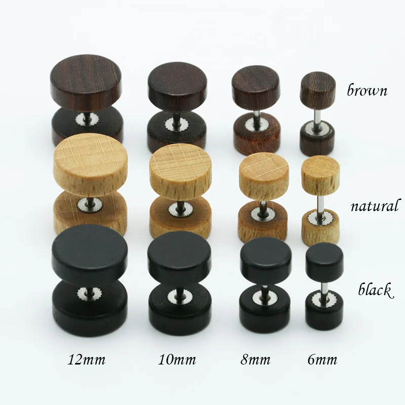 1pair Fashion Wooden Ear Studs Earrings Natural Brown Black 6mm 8mm 10mm 12mm Punk Barbell Fake Ear Plugs Brincos For Men Women - Image 3