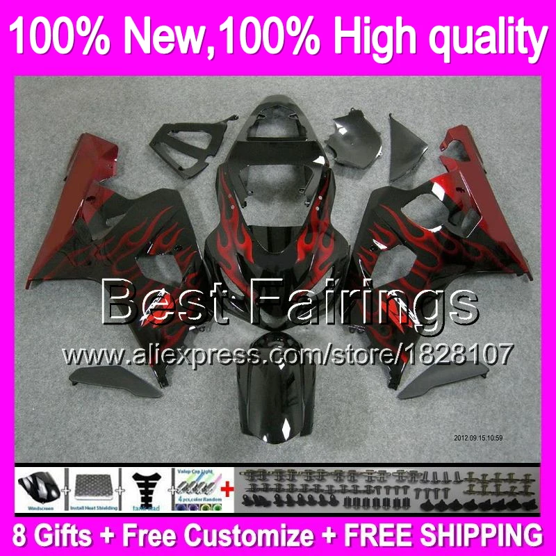 

Fairing For SUZUKI GSXR750 04 05 R600 Red flames 04-05 2B837 GSX R750 Hot Red black K4 GSXR600 GSXR 750 600 2004 2005 +Decal