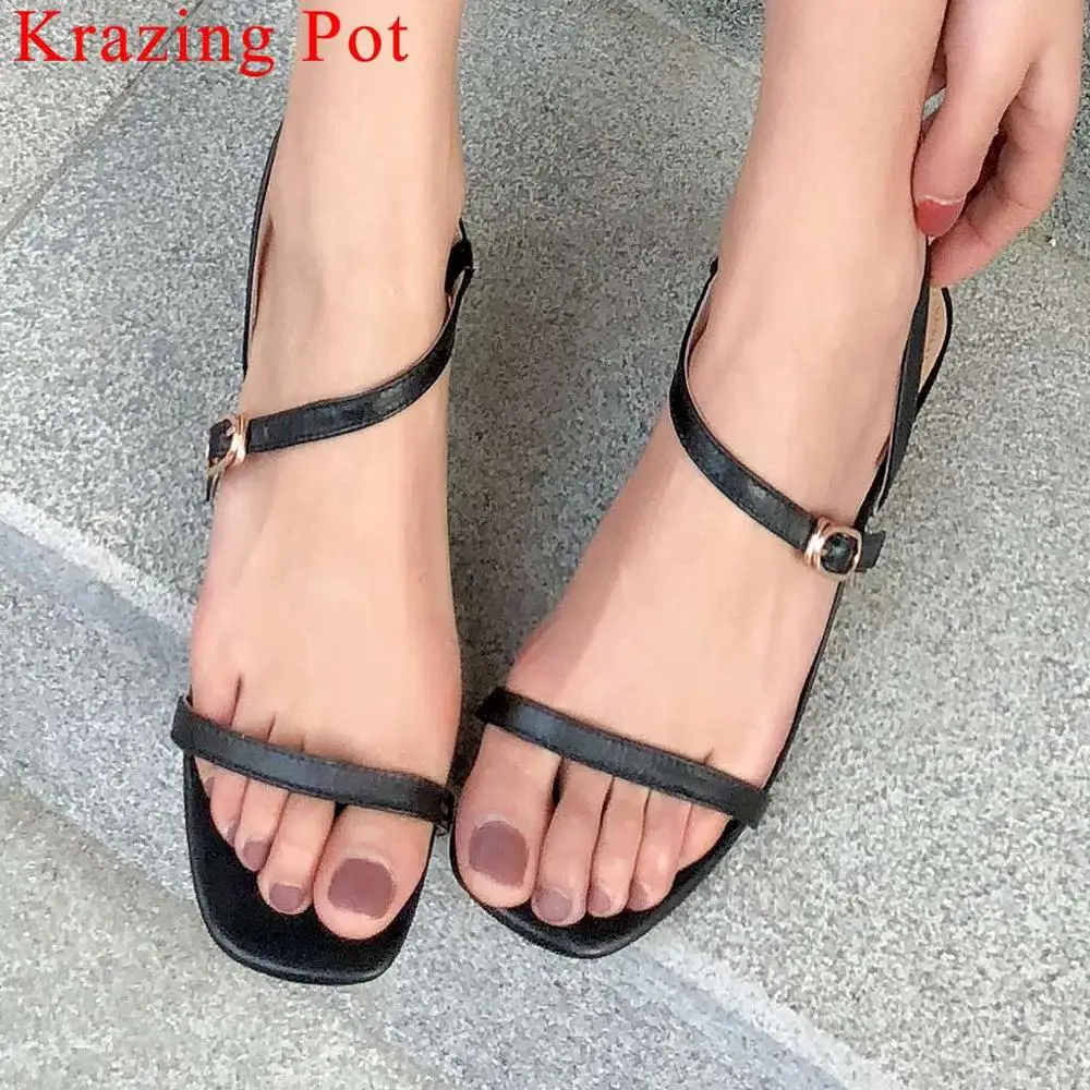 

Krazing Pot concise style chunky med heels natural leather slip on women sandals peep square toe sexy girls dating shoes L18