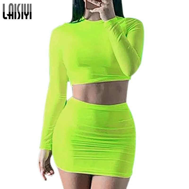 

LAISIYI Summer Mesh Suits Fashion Green Sets Transparent Slim Crop Top+Skirt 2 Pieces Set Solid Tracksuits Women ASSU20168