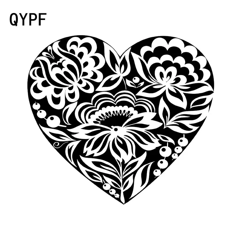 

QYPF 15.3cm*13.9cm Various Flowers And Green Leaf In The Heart Peculiar Vinyl Decal Translucent Car Art Sticker C18-0594