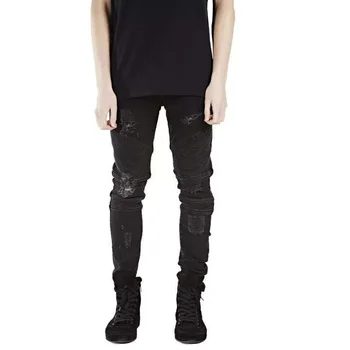 

Men Slim Fit Straight Long Denim Pants Male Fashion Ripped Hole Pleated Jeans Men Vintage Style Biker Cotton Jeans AA51438