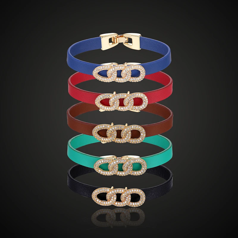 

Theresa leather with copper parts zircon micro pave setting bracelet chain style Fold Over Clasp bangle fashion jewelry
