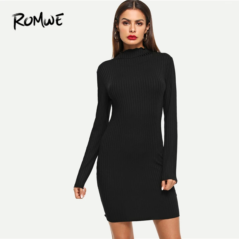 

ROMWE Ribbed Solid Bodycon Dress 2019 Black Womens Clothing Spring Autumn Long Sleeve Stand Collar Sexy Women Dress