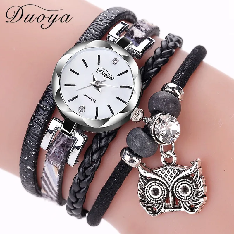 

Duoya Brand New Arrival Women Fashion Vintage Watches Owl Leather Bracelet Wristwatch Luxury Silver Simple Dress Clock DY134