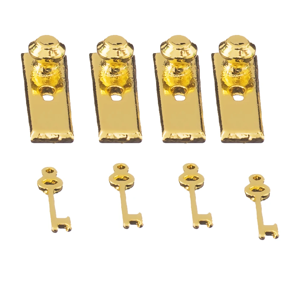 1/12 Scale Dollhouse Miniature Brass Knobs with Keyhole Keys Set DIY Mini House Door Accessory Pack of 4Pcs
