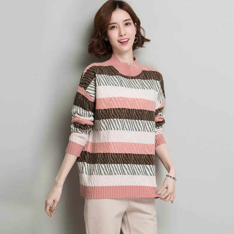 ^*Best Offers 100%Wool Brand Sweater Fall Winter Women Sweater New Hit Color Striped Thicken Knit Sweater Casual Loose Bottoming Pullovers