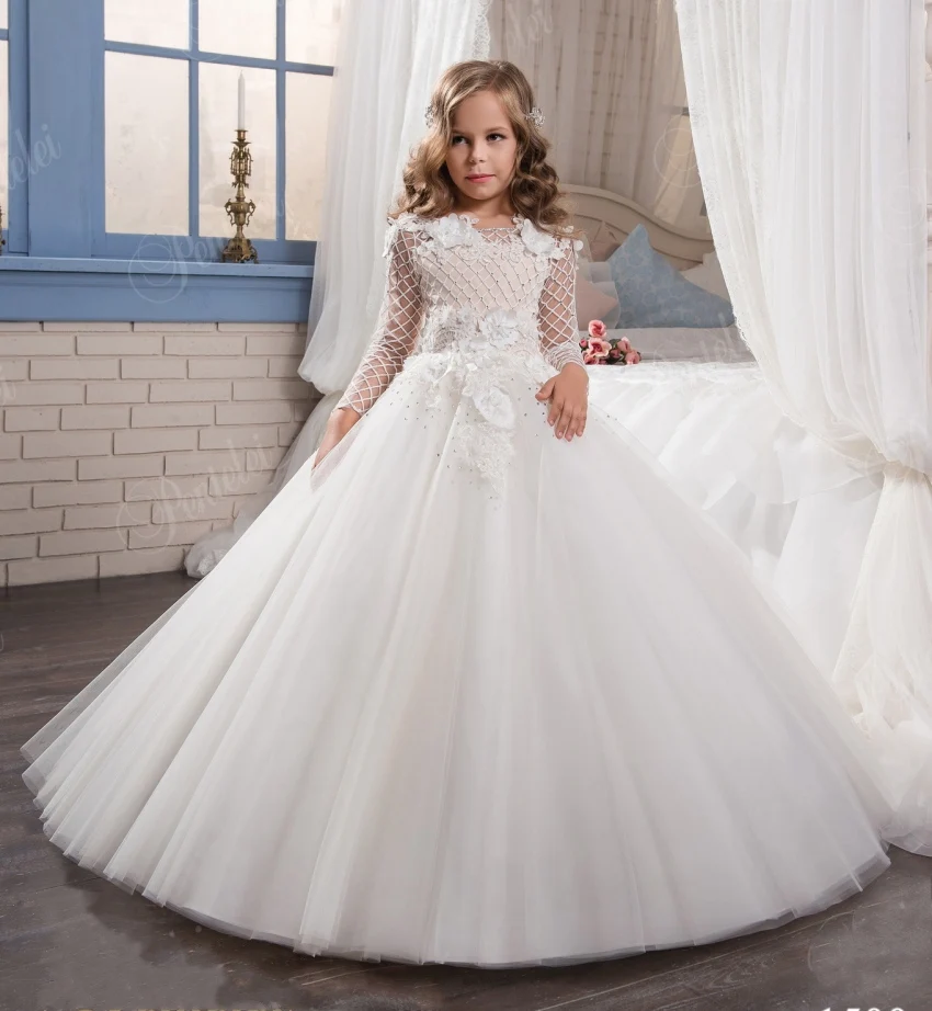 

Hot Sale 2019 White Holy Communion Dresses Long Sleeves Lace Appliques Ball Gown Flower Girl Dresses Pageant Gown FH122