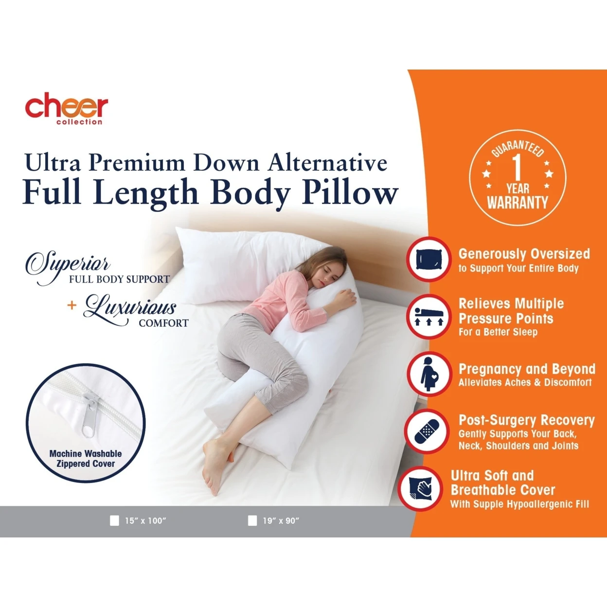 Cheer Collection Hypoallergenic Down Alternative Premium 15 x 100 Total Body Pillow with Zippered Cover - White (4)