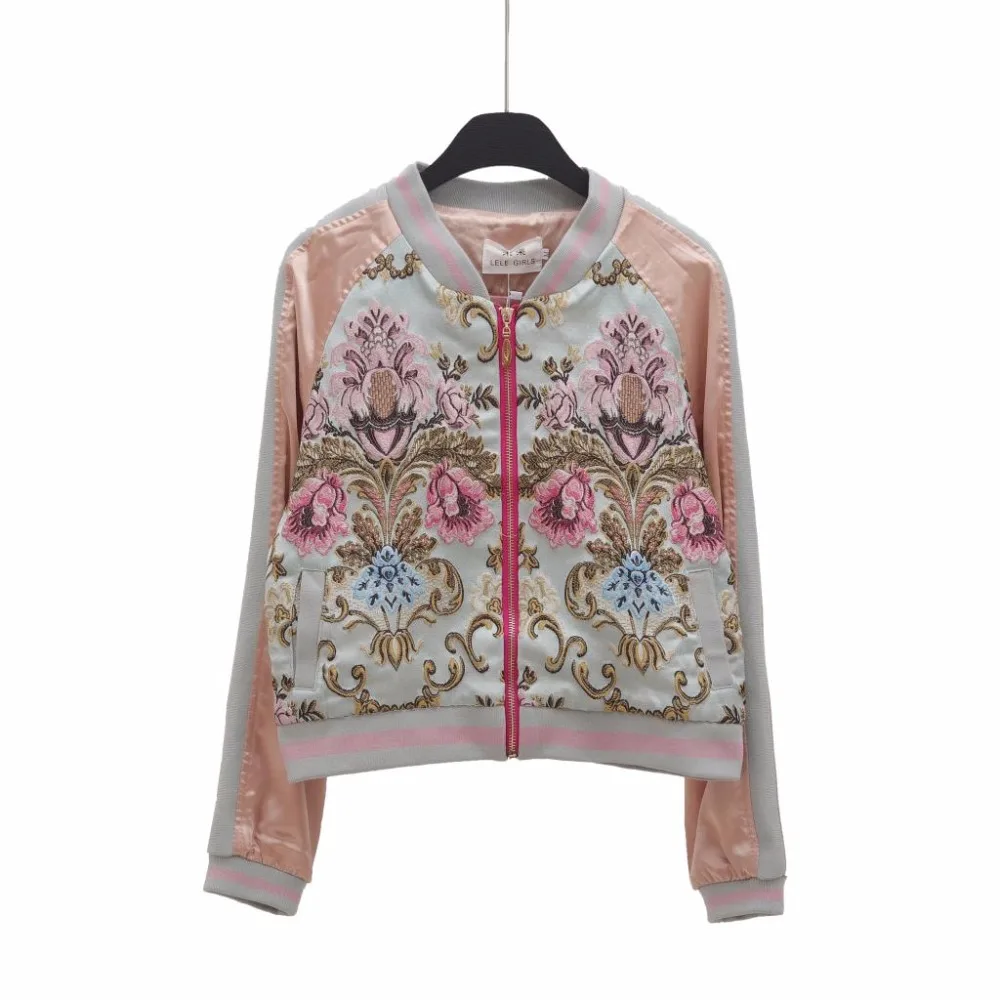 À Veste Fermeture 2017 Nouvelle 2018 Longues Jacquard Éclair Manches Luxe Broderie Mince Mode Vestes Automne Femmes Florale Bomber 4P4T6Hq