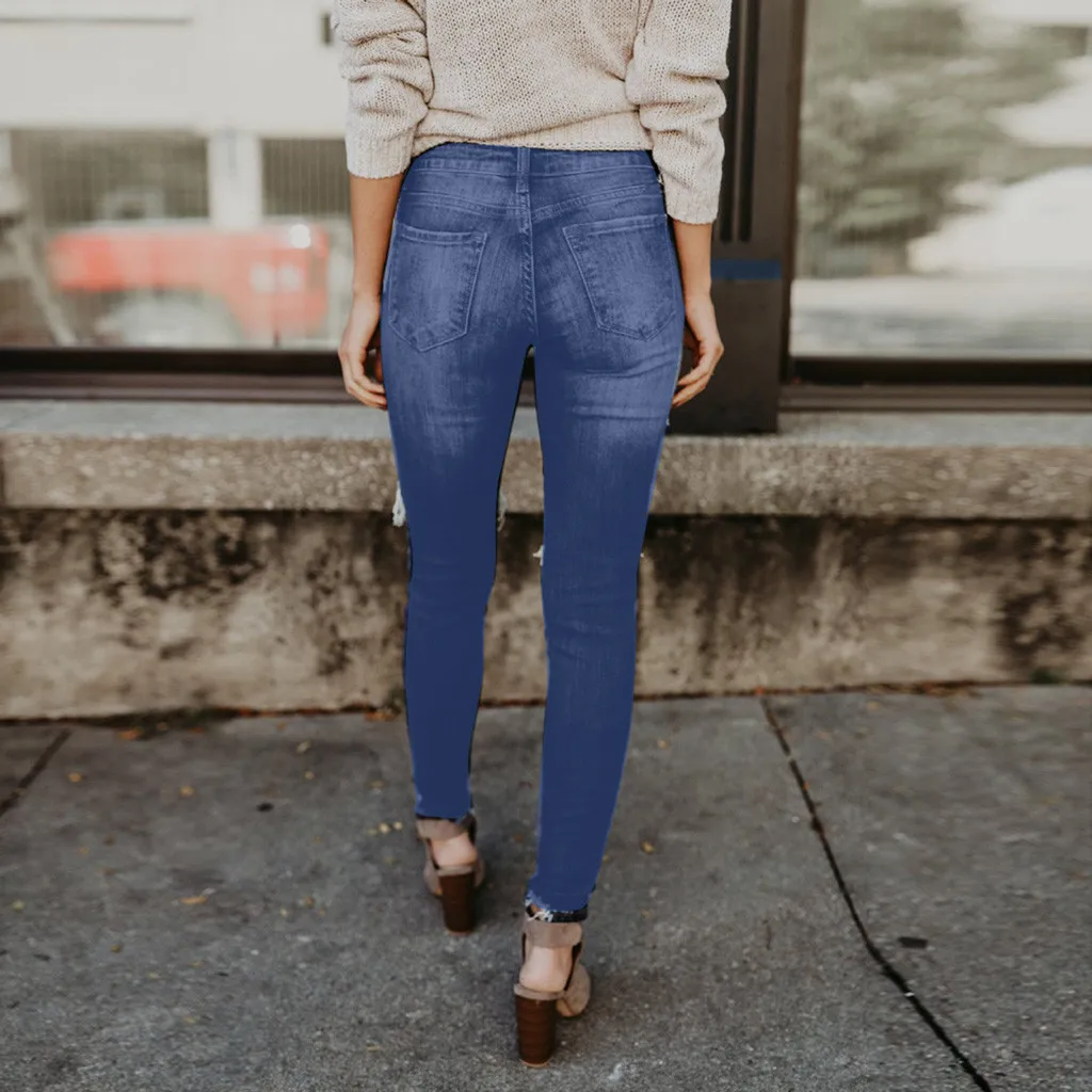 Для женщин Высота талией Узкие рваные узкие джинсы из денима, тянущиеся узкие штаны до середины икры Длина джинсы Z402
