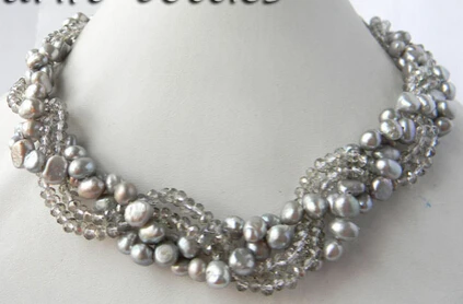 

ddh002323 4Strands 7MM Gray baroque Freshwater Pearl Faceted Crystal Necklace