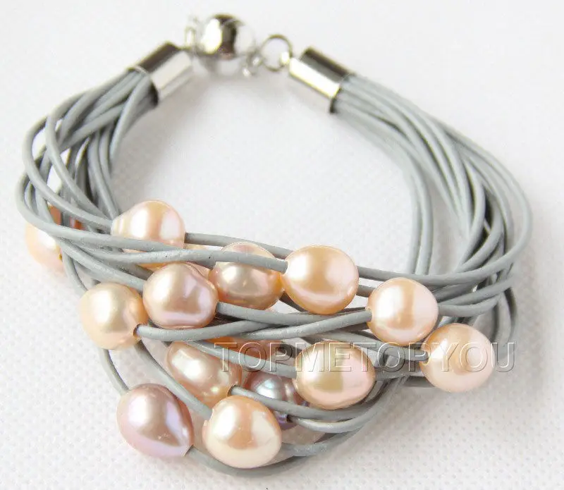 

Free shipping hot sale Women Bridal Wedding Jewelry >>15Strands natural pink pearls gray leather bracelet magnet e2356
