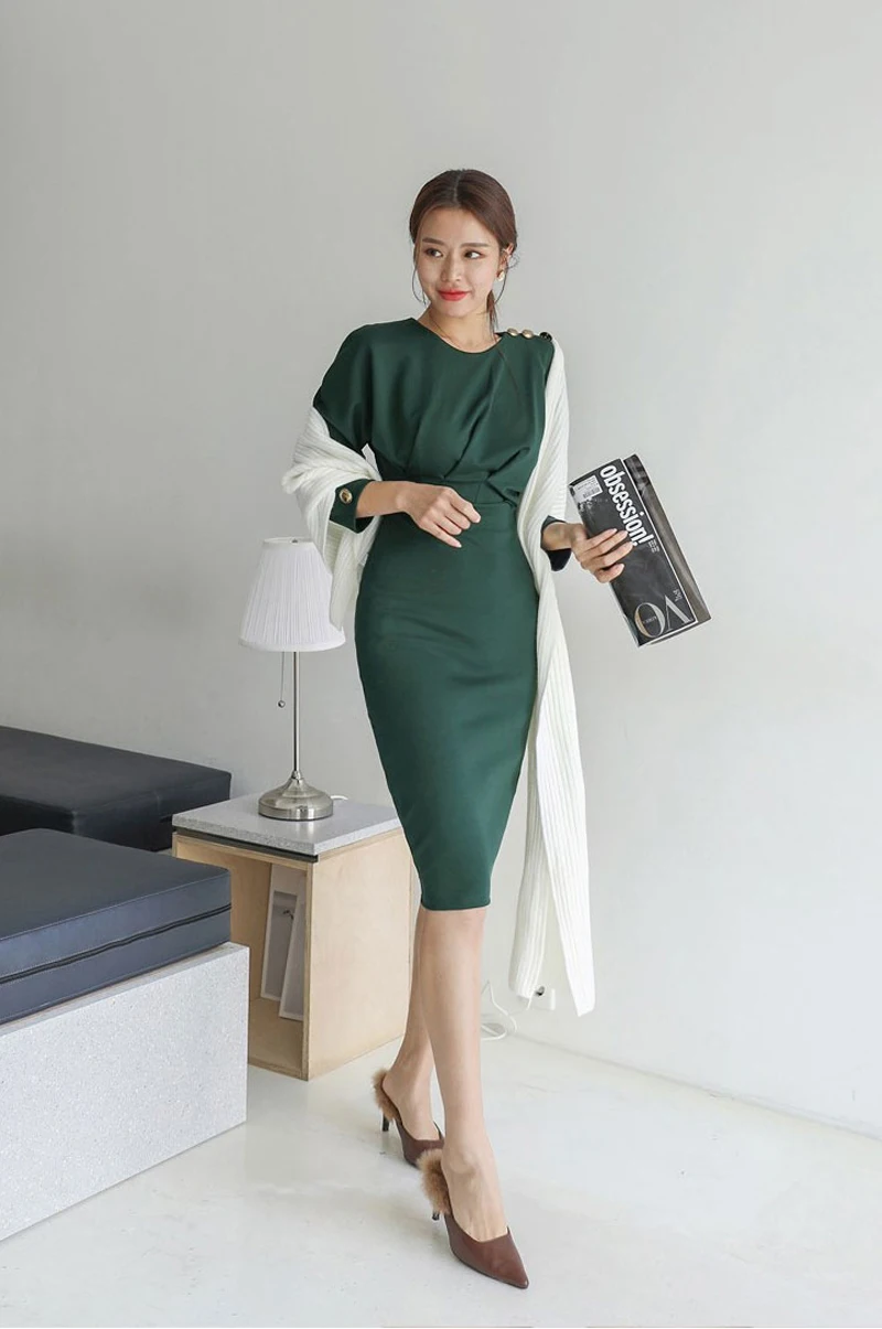 Элегантное однотонное приталенное женское платье с длинным рукавом и круглым вырезом, женское платье-карандаш, офисное женское платье средней длины, Vestidos