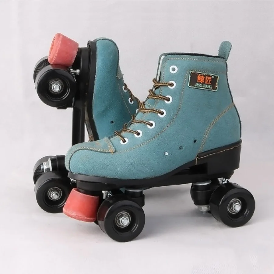 Japy الاصطناعي جلدية زلاجات دوارة الأخضر مزدوجة خط الجليد الرجال الكبار اثنين خط أحذية التزلج Patines مع الأسود PU 4 عجلات