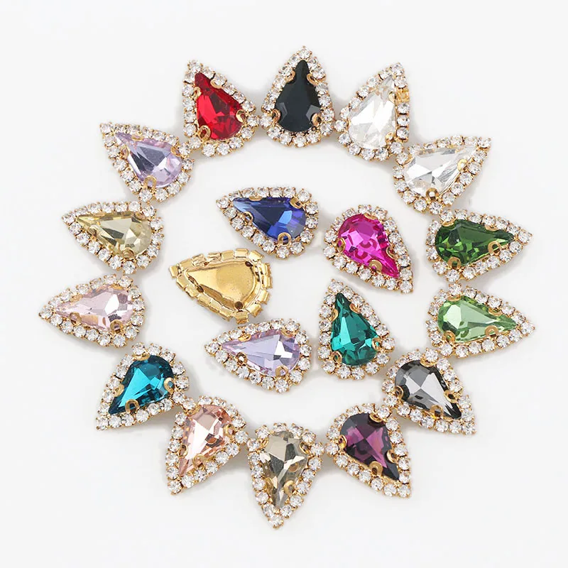 

8*13mm Gold Tip Waterdrop Sew On With Colorful Glass Stone Claw Crystal Buckle Cabochon Base Cameo Setting DIY Jewelry Charm