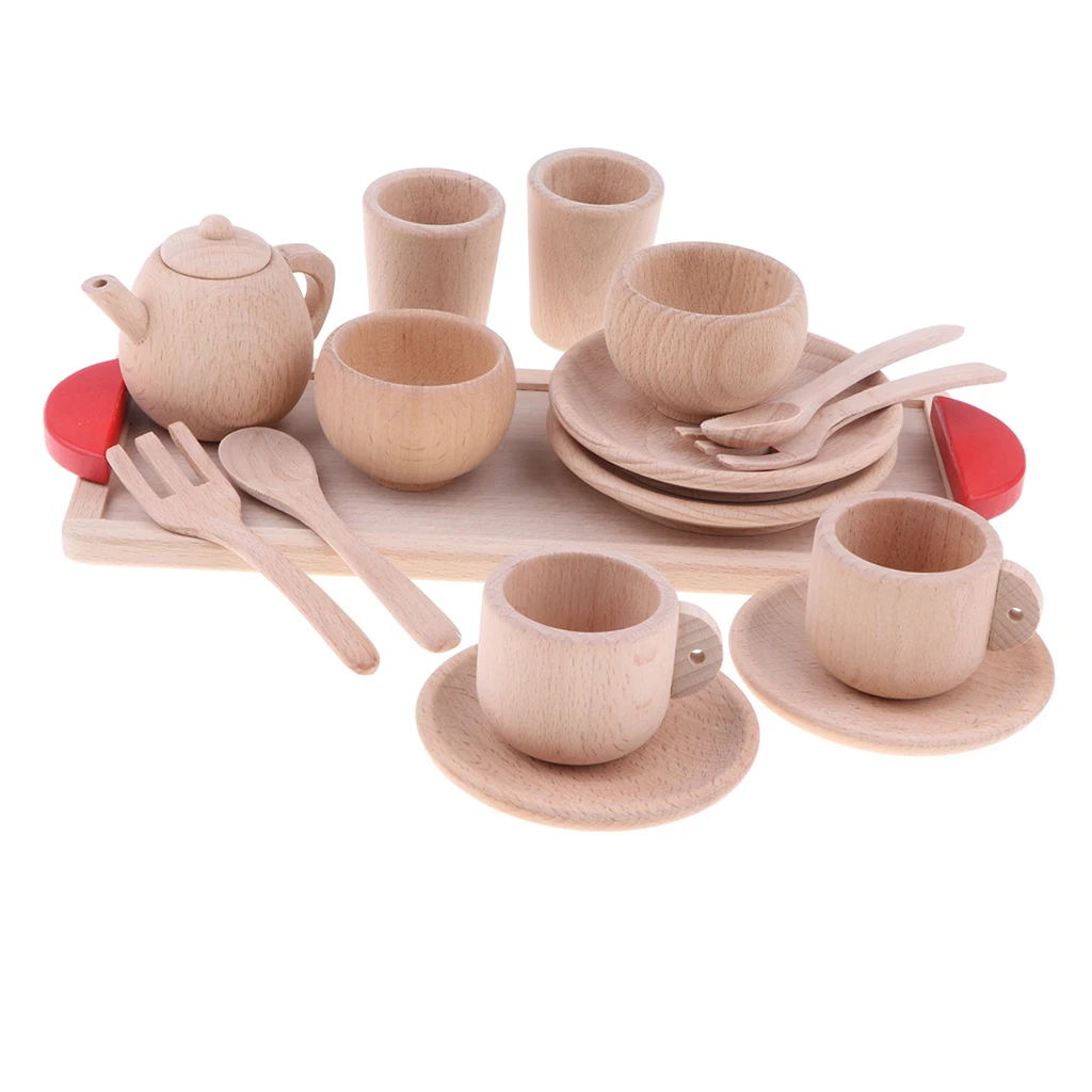 16-piece Wooden Tea Set Pretend Play Toy Educational Game For Kids Children - Soild Beech Saucer Cup Salver Teapot Coffee Set