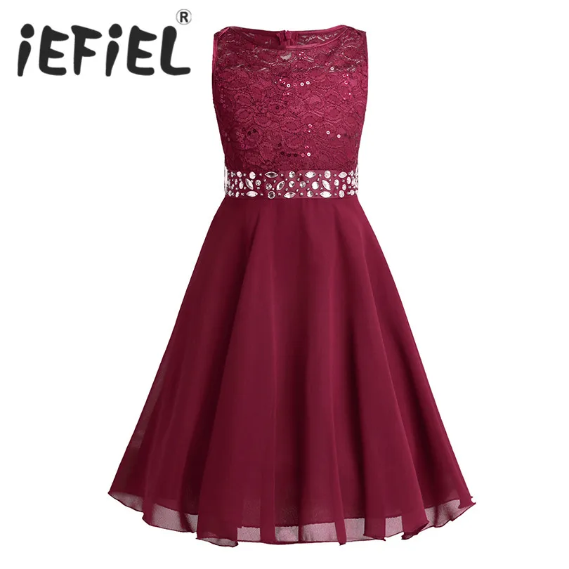 

Sleeveless Embroidery Sequins Lace Chiffon Formal Dress Princess Girls Flower Bridesmaid Wedding Birthday Party Tulle Dress