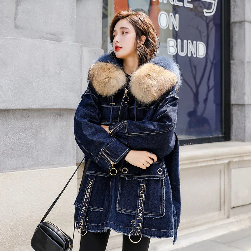 

Dual-use Parker Coat Women 2019 New Winter Casual Loose Duck Down Denim Jacket Big Raccoon Fur Hooded Denim Coat NS1318