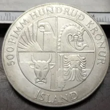 1974 Iceland 500 Kronur 1st Settlement Посеребренная копия монеты