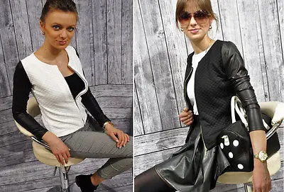 

2018 Women Quilted O-neck Fashion PU Leather Stitching Jacket Coat Outwear