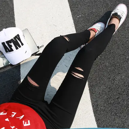 ripped jeans woman pants high waist plus size skinny jeans pants trouser push up korean sexy summer denim black online store2018 - Цвет: black 3 hole KZ668