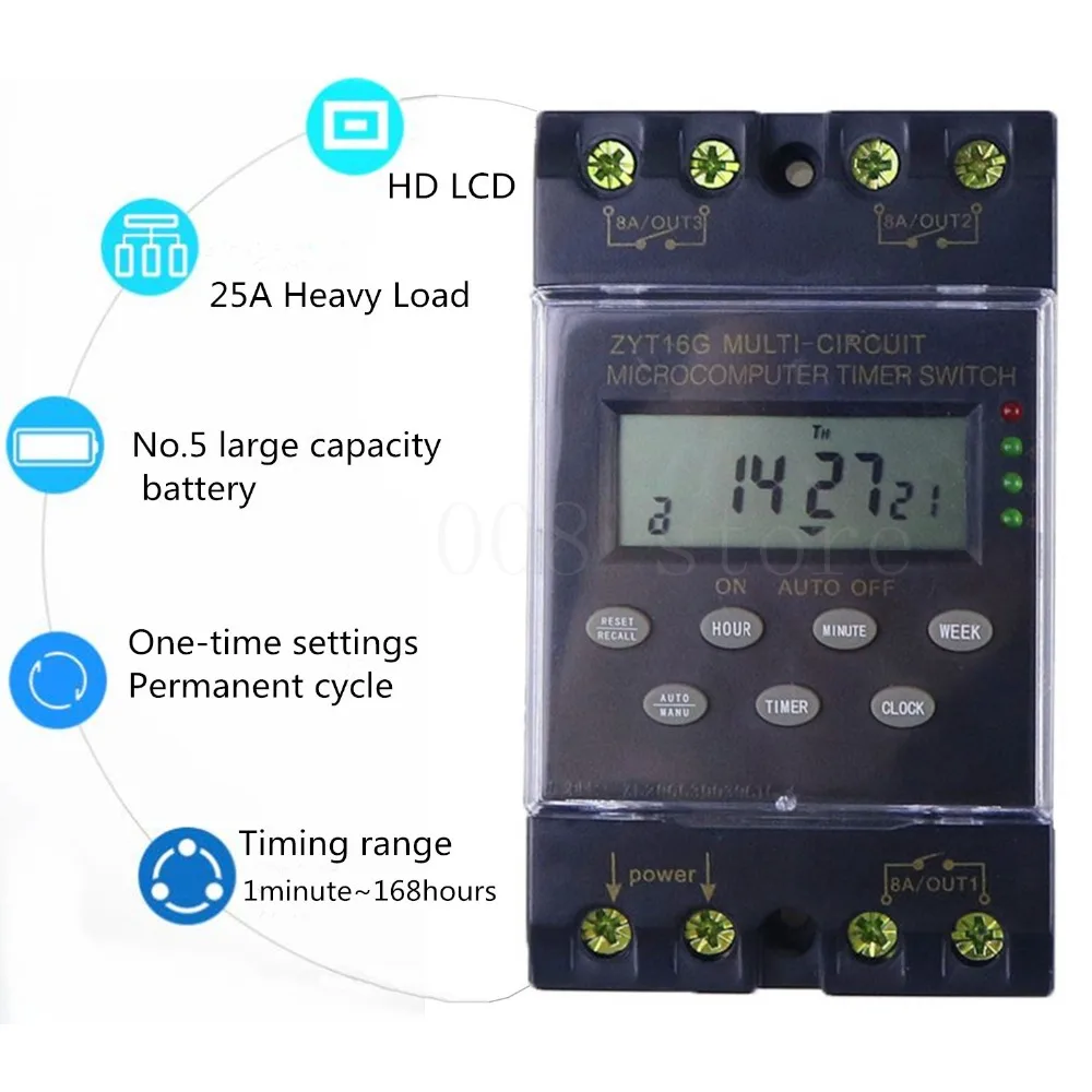 Таймер, ZYT16G-3a, 220 В, 25А, цикл, микрокомпьютер, контроль времени, переключатель, таймер, контроллер, водонепроницаемый, английская версия