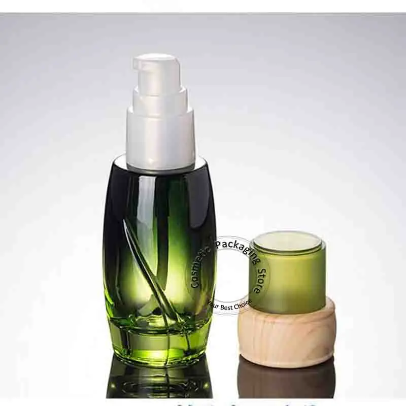 3 шт./лот, пустая 40 мл зеленая стеклянная бутылка с пресс-насосом, бутылка с деревянной крышкой для лосьона, 40 г, косметическая эмульсионная бутылка