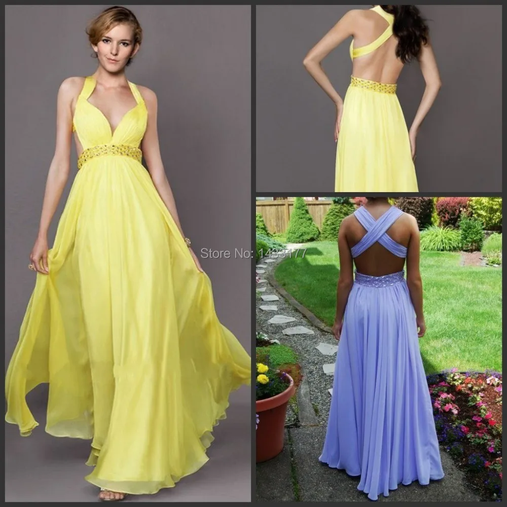 

2014 New Fashion Prom Gowns Sexy low Cut Cross Back Beaded Waistline Chiffon Yellow And Purple Lilac Backless Prom Dresses