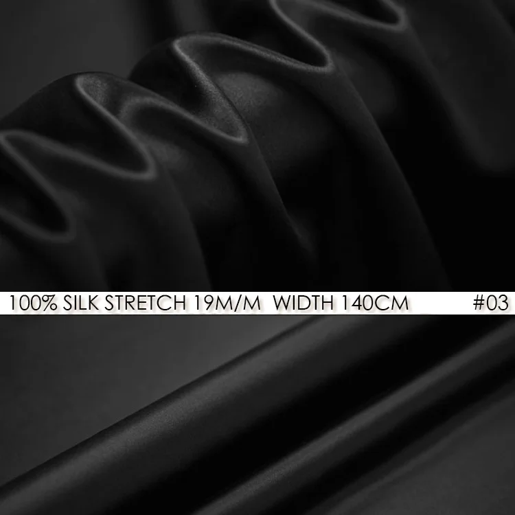 

SILK STRETCH SATIN 140cm width 19momme/Pure Silk Fabric Satin+Spandex Dress Fabrics Fashion Fabric Factory Direct Black NO 03