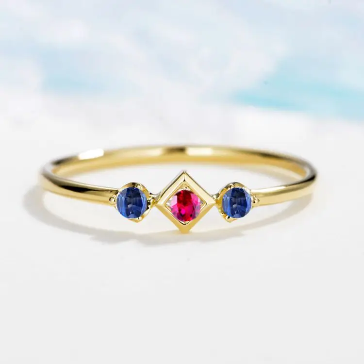 Solid 14k Yellow Gold Natural Ruby Sapphires 3-Stones Engagement Wedding Ring Fine Jewelry Trendy