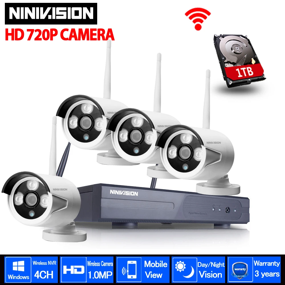  4CH SISTEMA DE CCTV inalámbrico 720 P NVR 4 piezas 1.0MP IR al aire libre P2P Wifi IP cámara de seg