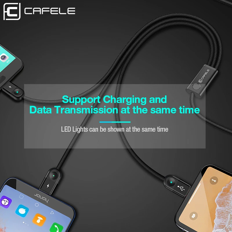 USB кабель Cafele с несколькими светодиодами для iPhone Micro C 3 в 1 Плетеный зарядный X/8 plus/7