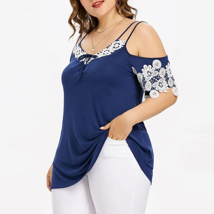 Mujeres más tamaño L-4XL blusa moda frío hombro costura de encaje 1/2 manga insertar Top blusa Casual o-cuello Ropa Mujer Verano Mujeres más tamaño L-4XL blusa moda frío hombro costura de encaje 1/2 manga insertar Top blusa Casual o-cuello Ropa Mujer Verano