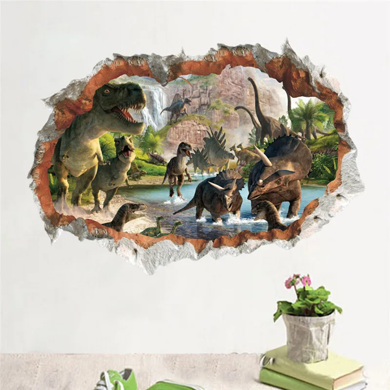 

Cartoon Movie Dinosaur 3d Vivid Broken Wall Stickers For Kids Rooms Children's Wall Decals Home Decoration Mural Poster