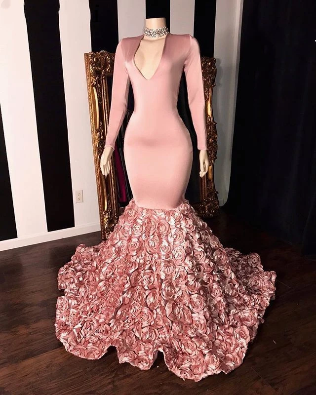 

African Pink Mermaid Prom Dress Long Sleeve Elegant 3D Flowers V Neck Floral Black Girls Evening Party Gowns Graduation Dresses