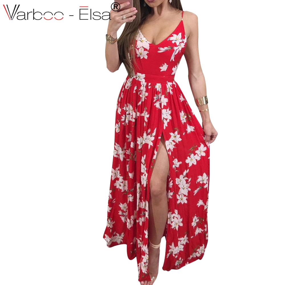 Varbooelsa Boho Deep V Neck Backless Long Women Red Dress Split Cross Lace Up Summer Dress 