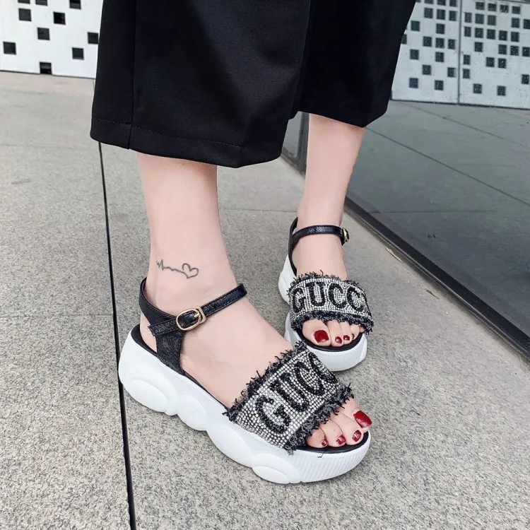 

Big Size 11 12 13 14 15 High heels sandals women shoes woman summer ladies Muffin sandals with thick letters