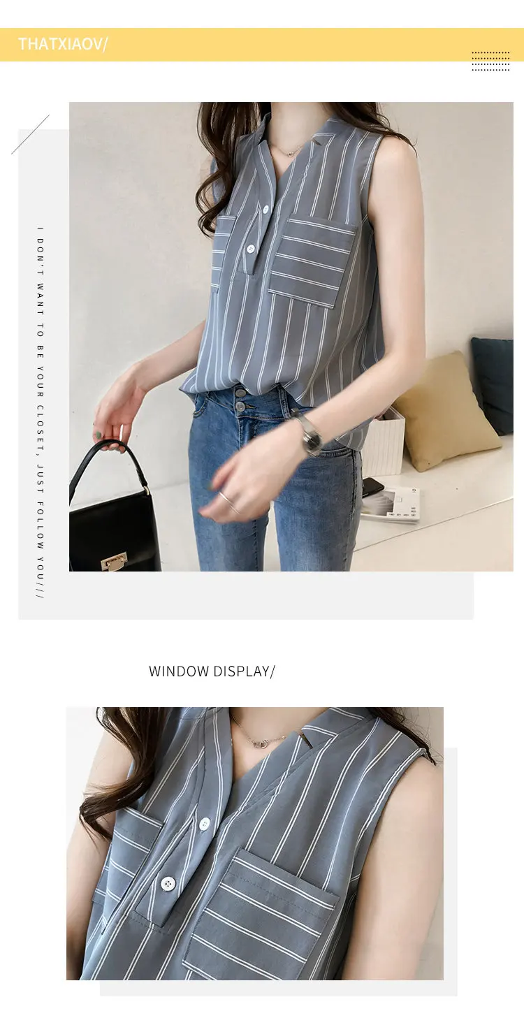 2018 Summer Womens Tops And Blouses Plus Size Striped Shirts Ladies Pocket Chiffon Blouse Casual Sleeveless Blusas Mujer M-4XL (1)