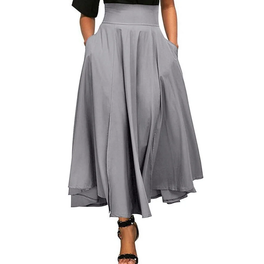 ZOGAA, черные длинные юбки с высокой талией и карманом, высокое качество, одноцветные винтажные юбки длиной до щиколотки, женские длинные плиссированные юбки с бантом - Цвет: Серый