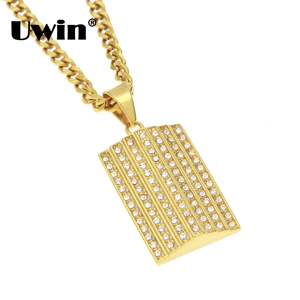 

Uwin Stainless Steel Gold Color Shield Necklaces Pendants Full Iced Out Rhinestones Gog Tag Hiphop Fashion Jewelry For Men