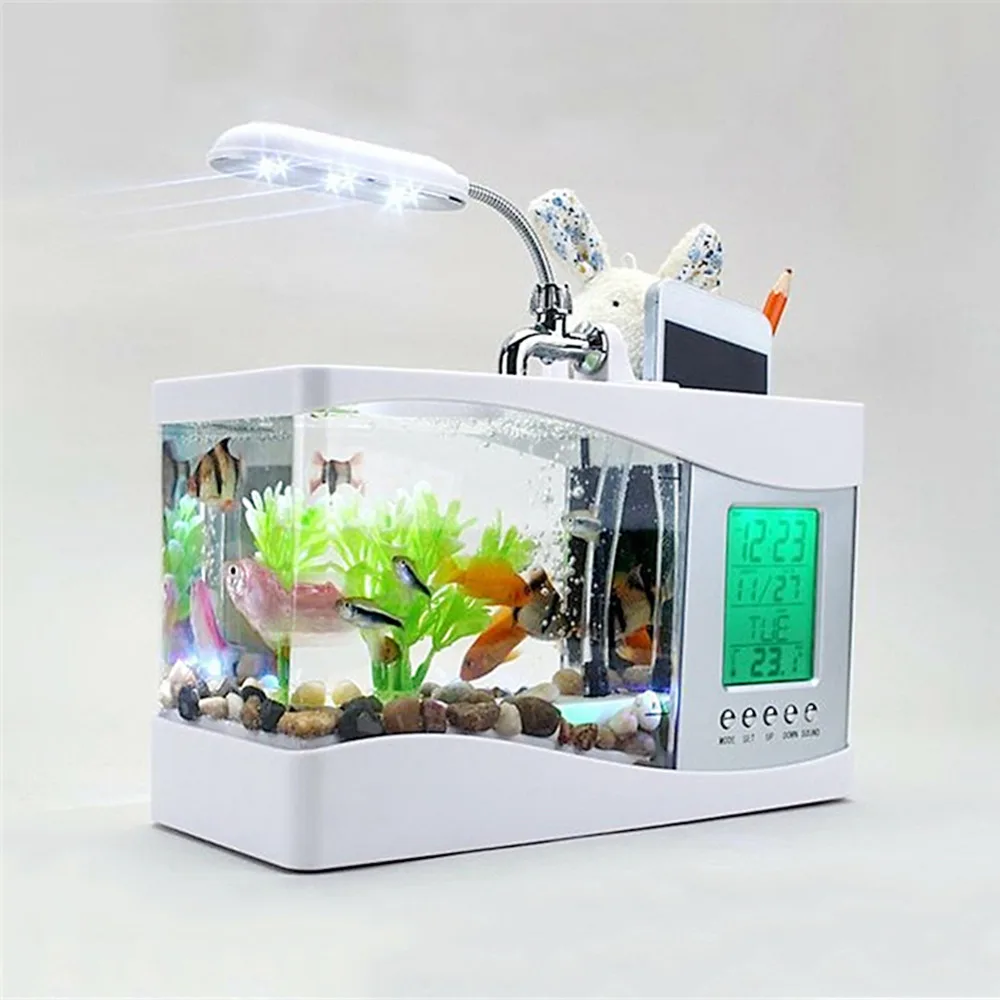 

2017 Popular USB Desktop Mini Fish Tank Aquarium Glass LCD Timer Clock LED Lamp Light Black/White led aquarium fish tank