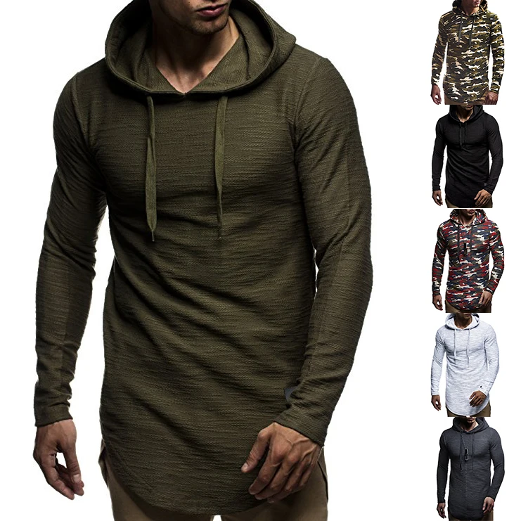 Hot Selling Solid Long Sleeve Hem Curved Casual Hoodies Mens Slim Fit