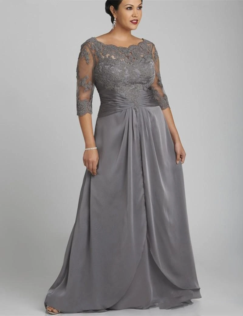 

2019 Popular Style Plus Size Gray Mother of the Bride Dress 3/4 Sleeve Scoop Neck Lace Chiffon Floor Length Formal Gowns Custom
