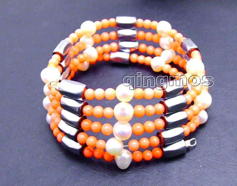 

SALE 3-4mm Pink Coral and 6-7mm White Pearl & White Hematite Magnetic 29'' Bracelet -nec6070 Wholesale/retail Free ship