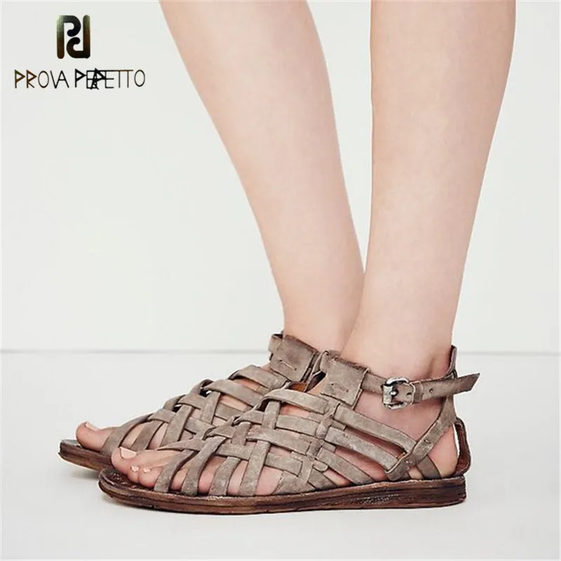 

Prova Perfetto 2018 Fashion Knit Narrow Band Flat Bottom Ankle Buckle Strap Shoes Concise Design Genuine Leather Beach Shoes