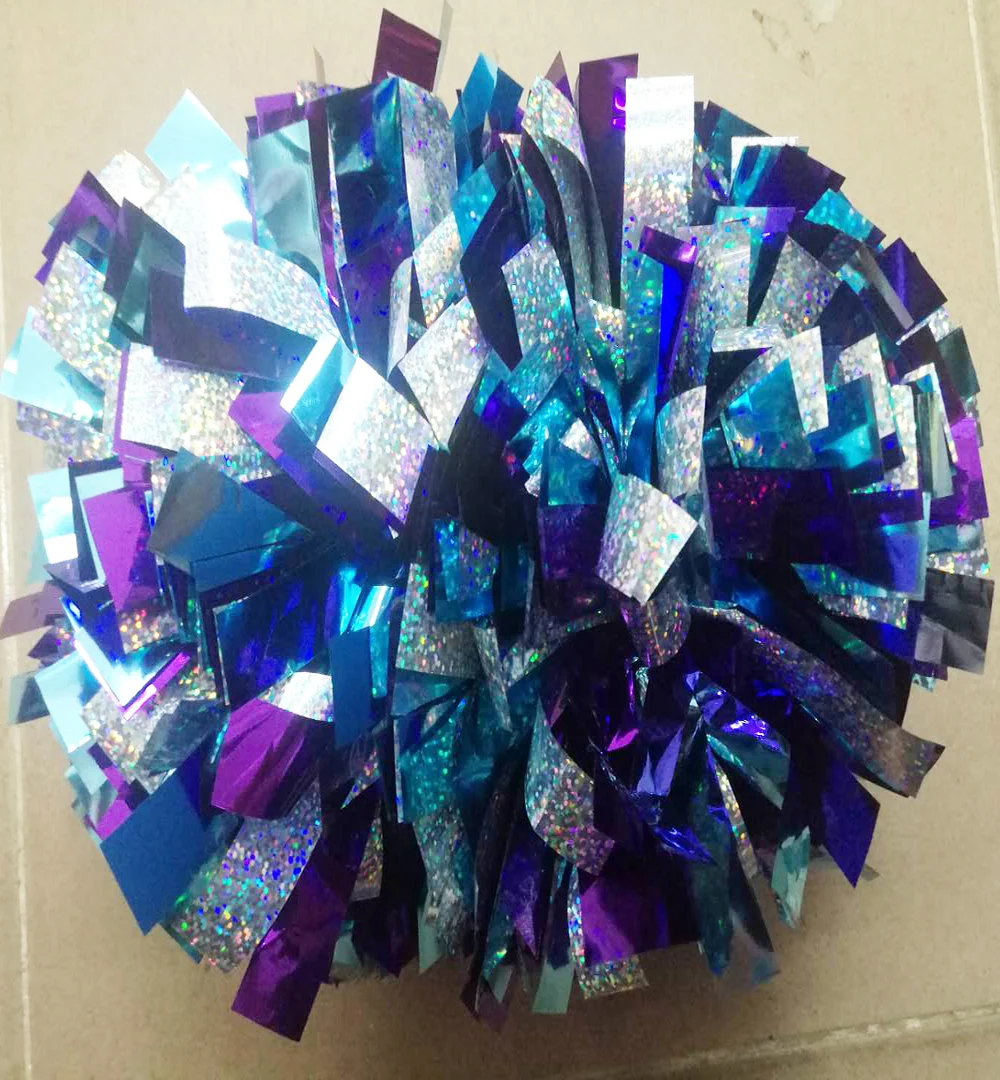 

New 1 Piece Cheerleader Pom poms 6" Baton Handle Blue Holographic mix with Metallic purple and metallic sky blue