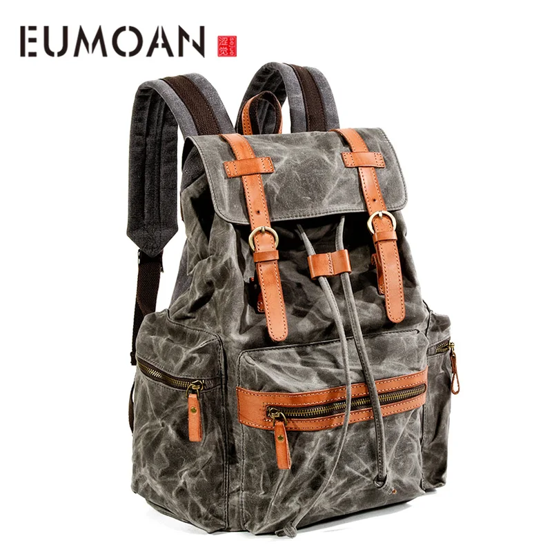 

EUMOAN Waterproof canvas with leather shoulder bag, male fold casual travel bag, men's Sports outdoor shoulder backpack